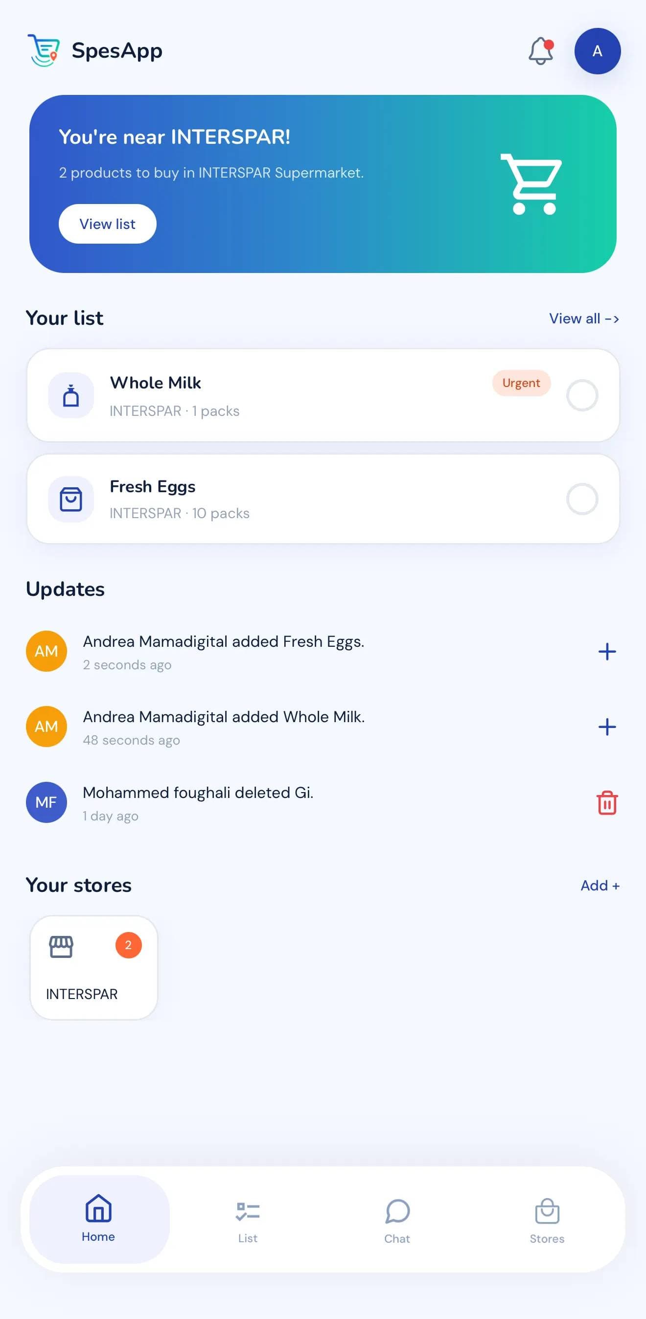 SpesApp nearby shopping reminder screen